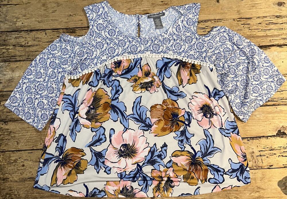 kate and mallory women’s size XL cold shoulder pastel flower print blouse